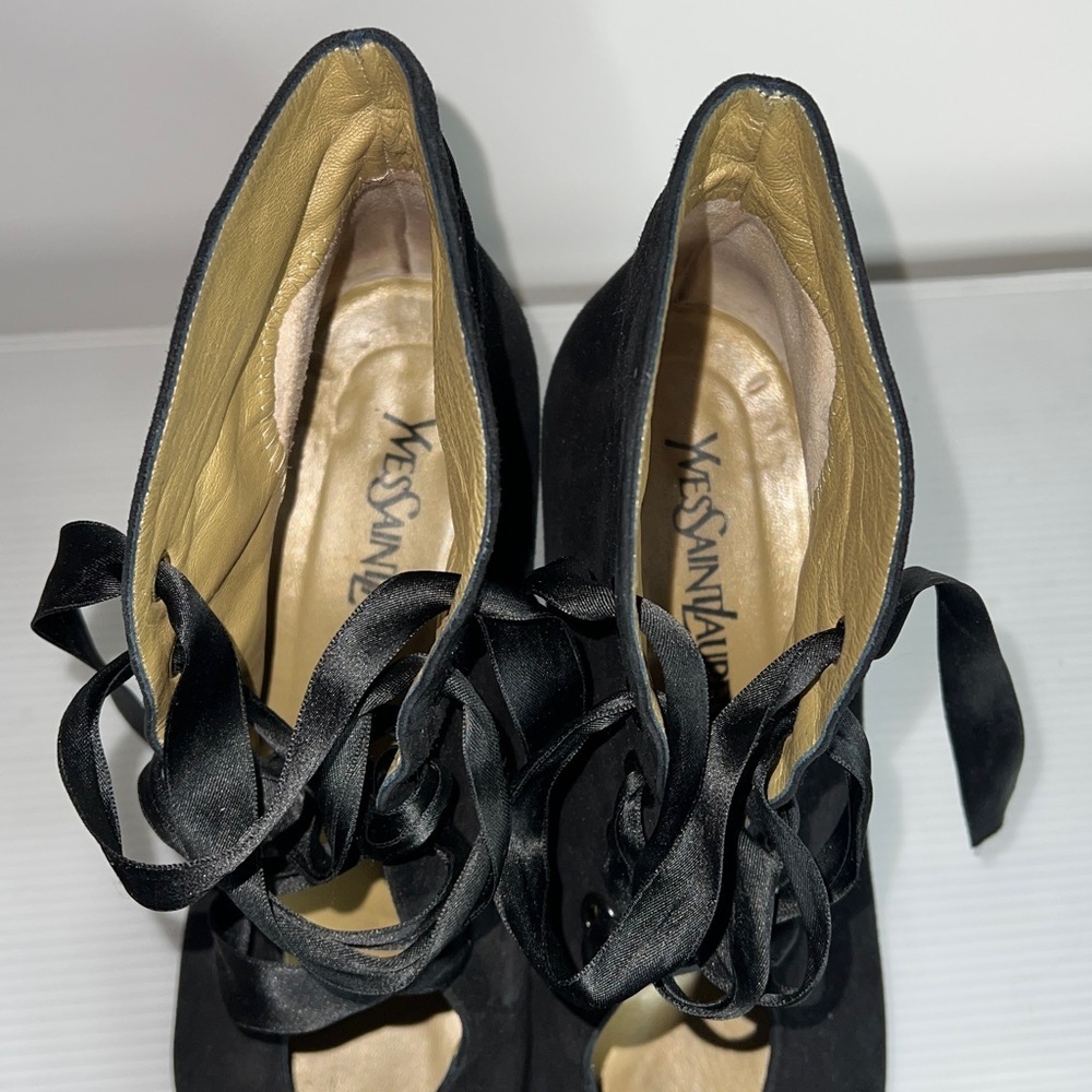 Yves Saint Laurent YSL Sz 9 Black Sude Silk Lace Up Ankle Heel Boots with Box - Picture 12 of 14